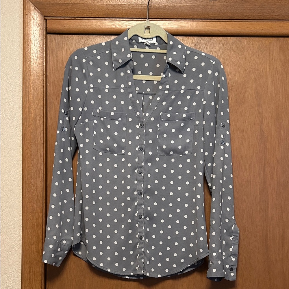 Express Gray and White Polka Dot Shirt